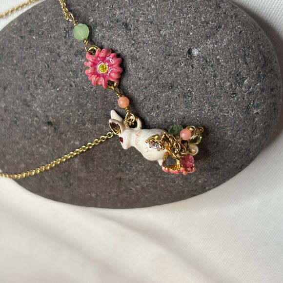 Les Nereides Enchanted Encounter Bunny on Pink Flower Pendant Necklace NWT - Picture 9 of 14